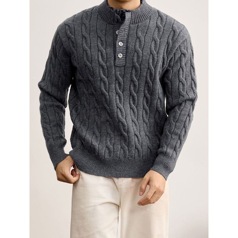 Men's faux two-piece knitted sweater with cable knit pattern, plaid, henley collar, old money style, winter, cross-border factory wholesale Men's faux two-piece knitted sweater with cable knit pattern, plaid, henley collar, old money style, winter, cross-border factory wholesale