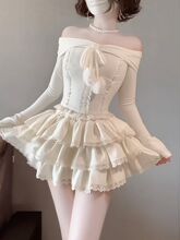 奶油兔柚日系甜美可爱少女感一字肩上衣+半裙两件套2025秋小个子