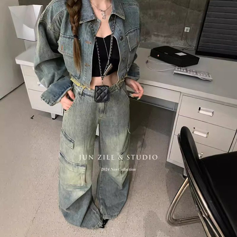 American Style Spice Girl Denim Short Coat Women's Loose Slim Look Frock Jeans Straight Leg Wide Leg Pants Autumn Fashion suit