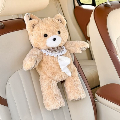 Hanging Style, High-End Decoration, Car tissue box/set - rabbit-fur-embossed-three-dimensional-bear-tissue-box-khaki
