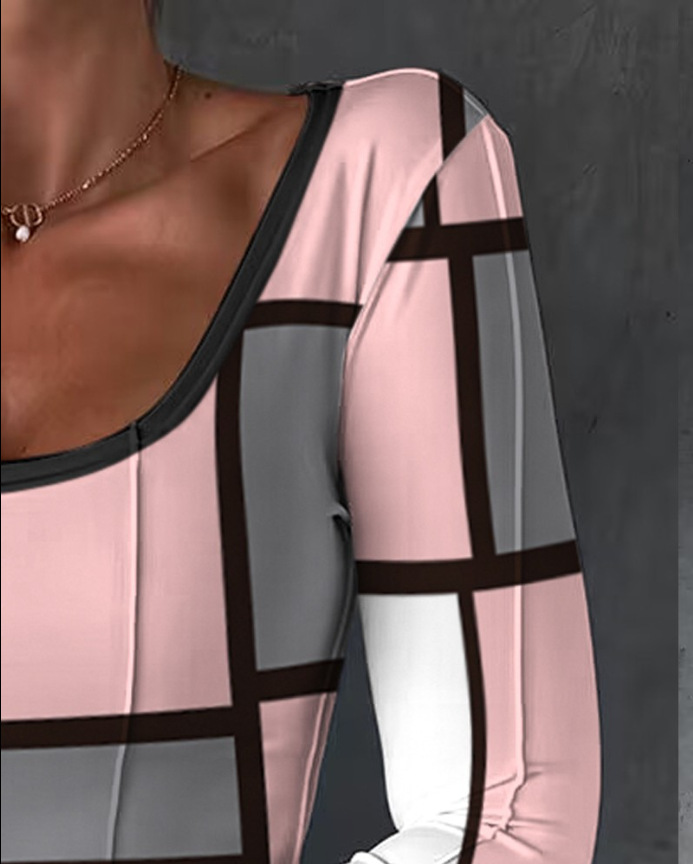 2023 Mode Neues bedrucktes U-Ausschnitt Split Langarm Plissee Craft Top_voghion.com