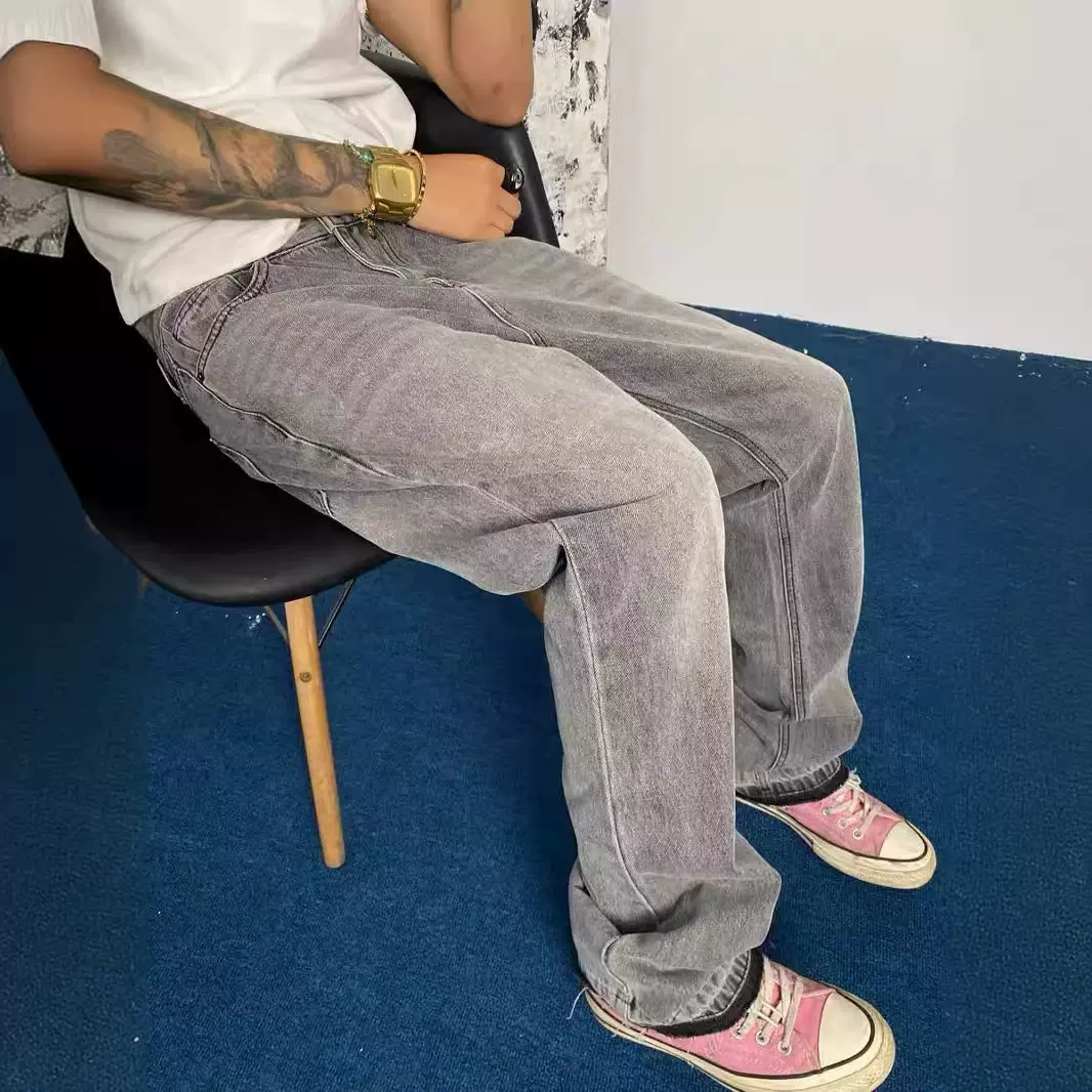 美式烟灰色脚口流苏牛仔裤男高街水洗灰复古微喇叭cleanfit裤子潮