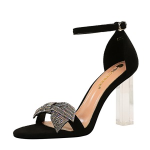 322-7 with European and American fashion summer banquet transparent peep-toe suede one word with diamond bow high-heeled