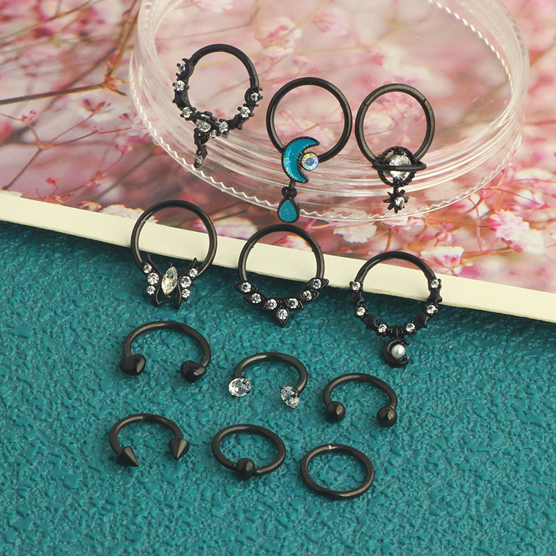 12-Piece Black Stainless Steel Nose Ring Set - Cross-Border Open Ring Nose Stud Ear Bone Piercing Jewelry detail image 13