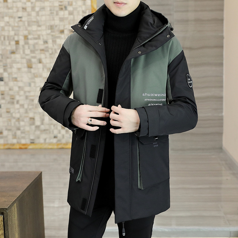Abrigo juvenil de los hombres con capucha de longitud media más el tamaño de los hombres guapos chaqueta acolchada de algodón de invierno chaqueta acolchada de moda costura de moda engrosada