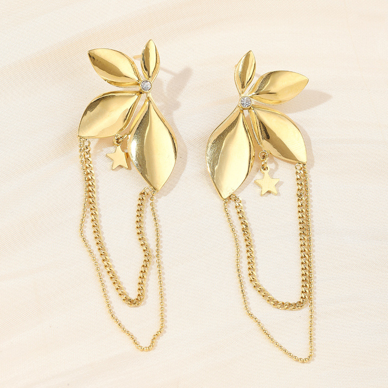 Stainless fashionable light luxury jewelry, large leaf shaped tassel style, golden titanium steel earrings, female_voghion.com
