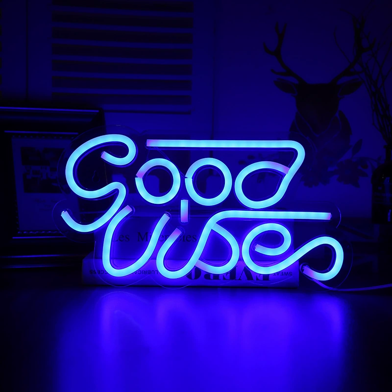 Неоновая вывеска Good Vibes GB02, прозрачная передняя панель из акрила, 5V, синий или розовый, размеры 38×35×3 см