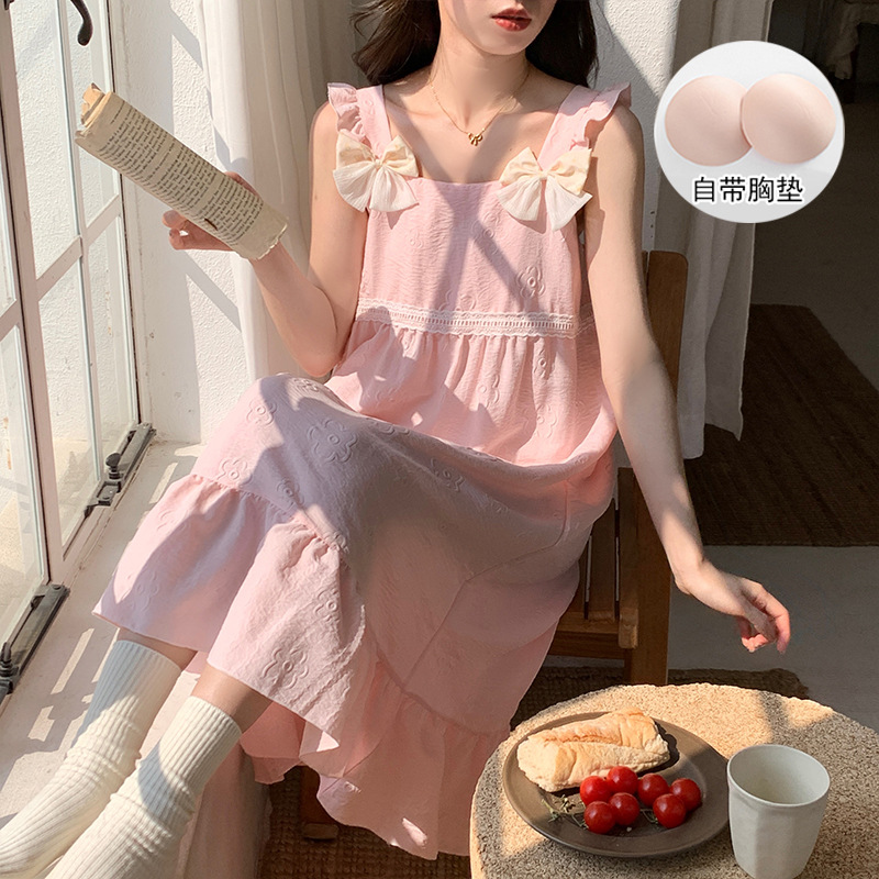 Cute condole belt nightgown women's chest pad plus size fat mm200 kg summer thin princess sweet pregnant women's home clothes