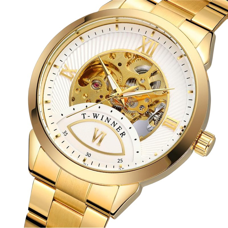 Winner8183 reloj mecánico automático para hombres reloj mecánico de negocios correa de acero reloj mecánico de fondo transparente hueco