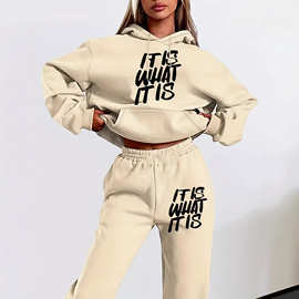 shein亚马逊热卖款字母印花简约女式卫衣套装秋季长袖连帽运动衫