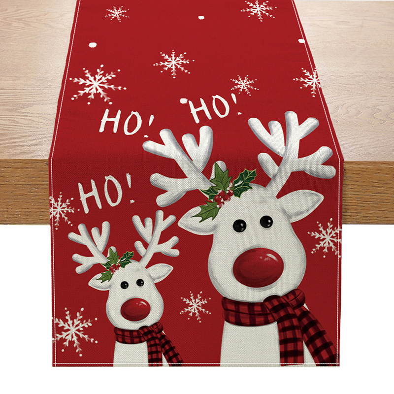 Camino de mesa navideño con estampado de muñeco de nieve y Santa
