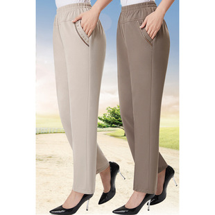 Middle-Aged and Elderly Women's Summer Thin Elastic High-Waisted Straight-Leg Pants, Loose Plus-Size Mom's Cropped Pants