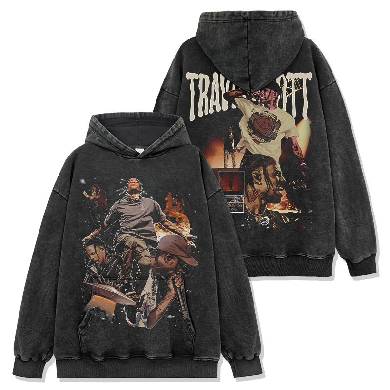 Cross-border retro hip-hop TRAVIS SCOTT printed short-sleeved t-shirt washing long-sleeved loose hooded sweatshirt wholesale