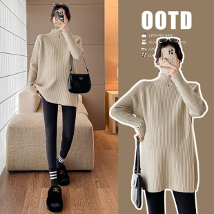 Pregnant Women's Base Shirt Autumn and Winter plus size Knitted Loose Half-turtleneck Mid-length Thickened Winter Top