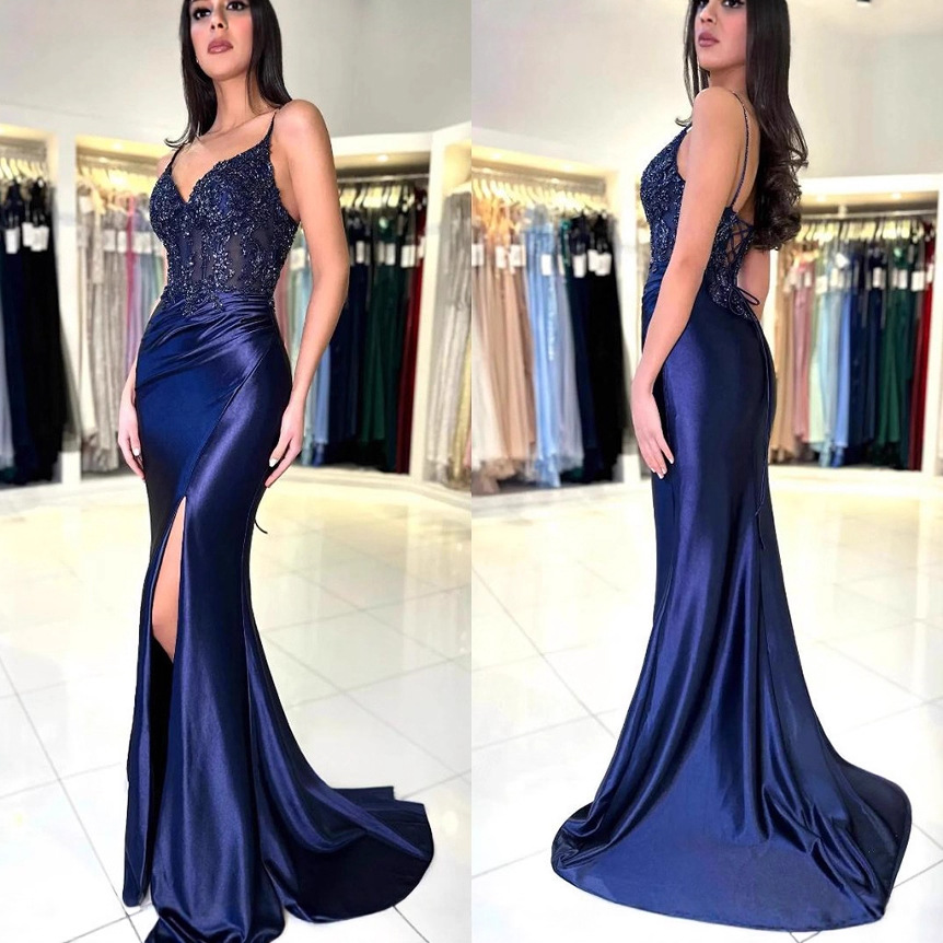 Dark Blue Suspender Evening Dress Cross-Border Aliexpress Slim Fishtail Slimming Side Slit High-End Fashion Party Long Dress