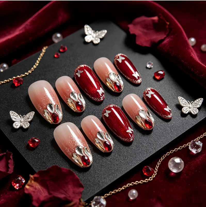 Gradient burgundy cat-eye butterfly with crushed silver accents, short elegant and pure desire style press-on nails