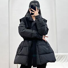披肩设计感棉服女中长款2025年冬季新款韩国收腰系带系宽松外套