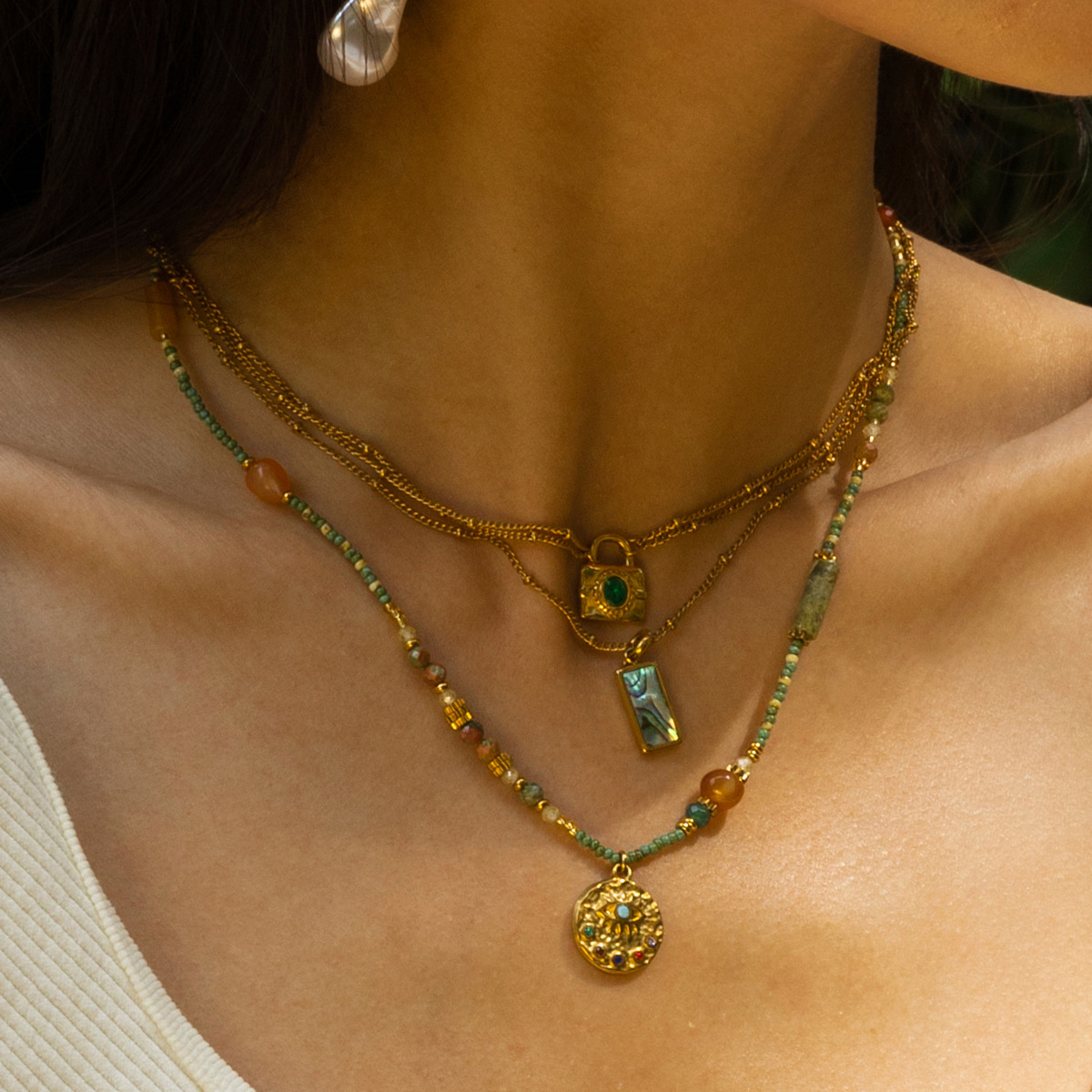 Taena, cerradura de acero inoxidable europea y americana, collar de múltiples capas, cuentas hechas a mano, cadena de clavícula de circón natural, joyería transfronteriza