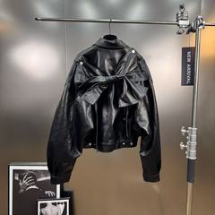 翻领长袖后背蝴蝶结装饰设计感小众显瘦皮衣外套
