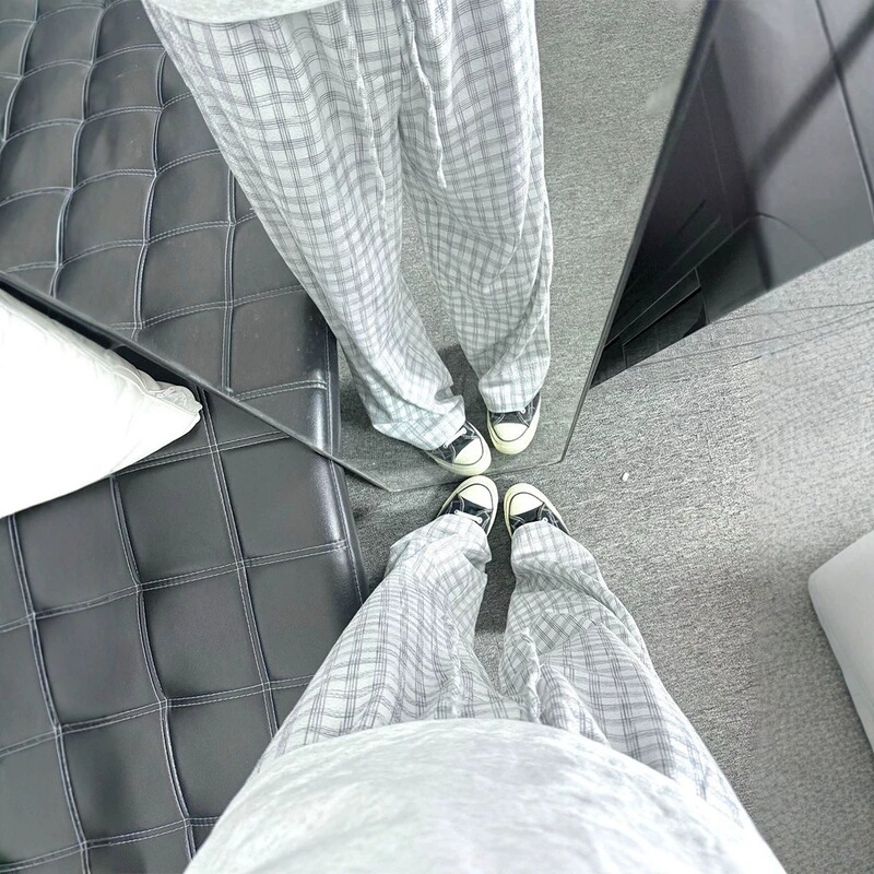 Summer lightweight cleanfit bubble gauze plaid pants for men, A-line drapey wide-leg pants, breathable straight-leg casual pants