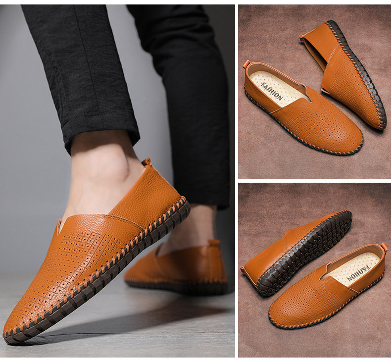 Giày lười nam da bò lớp đầu cỡ lớn, kiểu slip-on mũi tròn, đế bệt — 955 Trắng đục lỗ, 955 lỗ màu nâu, 955 lỗ màu đen, 955 màu xanh lam chi tiết 26