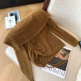 美拉德复古一字肩长袖毛衣女秋冬季新款性感洋气抽绳收腰显瘦上衣