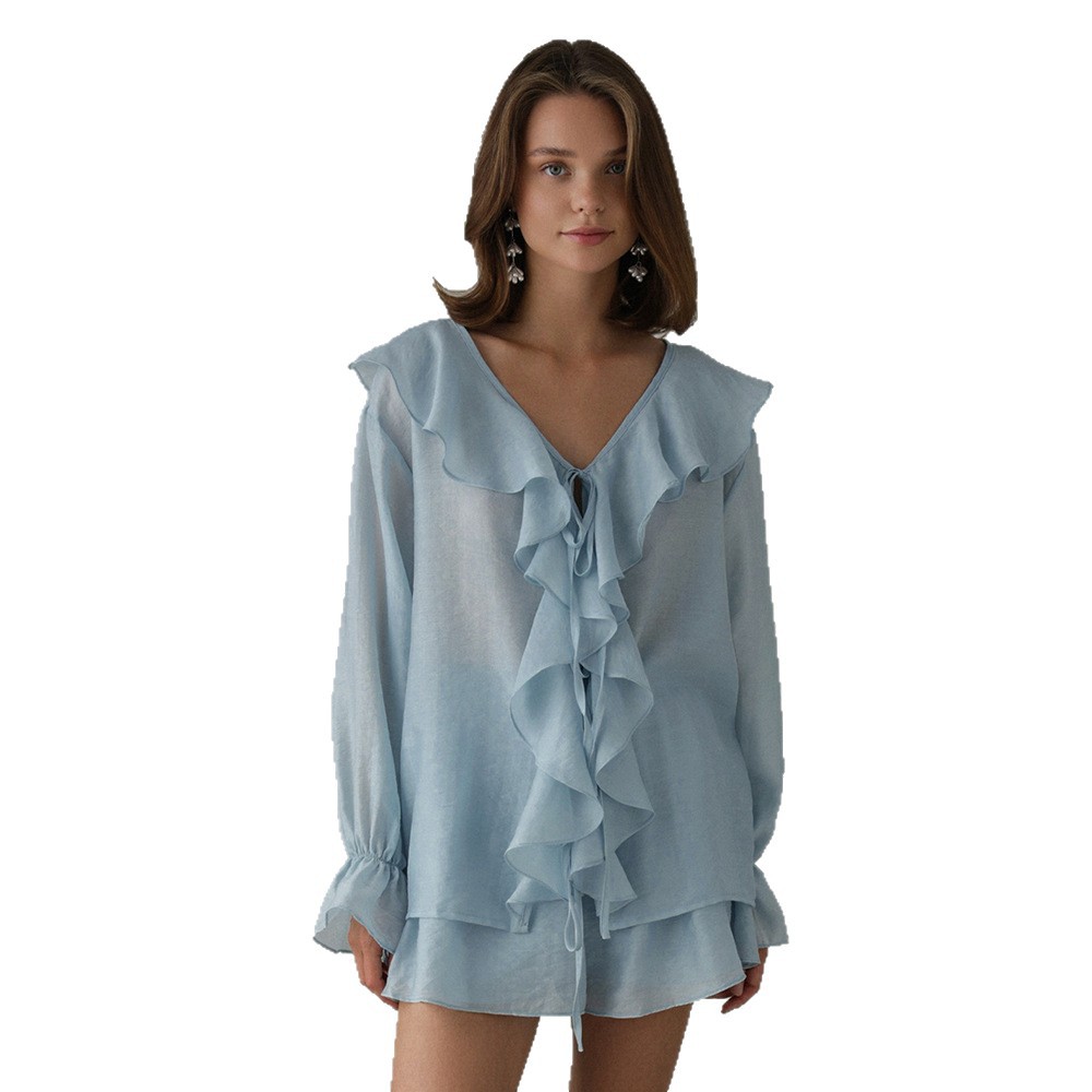 Women's French V Neck Ruffled Shirt And Shorts Set European American Style Summer Tie Front Clothing_ecoleips.com