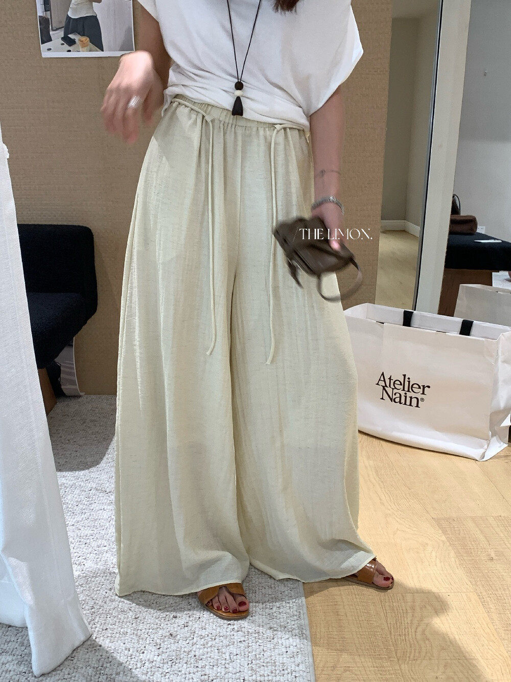 Quần culottes ống rộng cạp chun rút dây chất liệu linen mùa hè — Vàng nhạt, màu đen, trắng ngà, màu hồng chi tiết 4