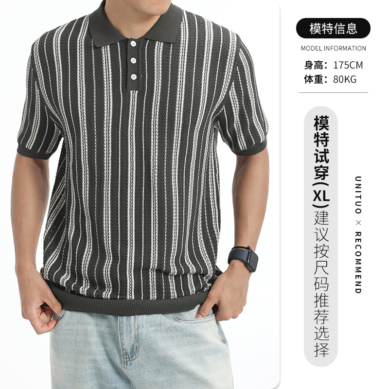 Hombres de alto nivel de negocios casuales hielo rayas polo camisa de verano agujerado de punto con solapa de manga corta chaqueta transpirable