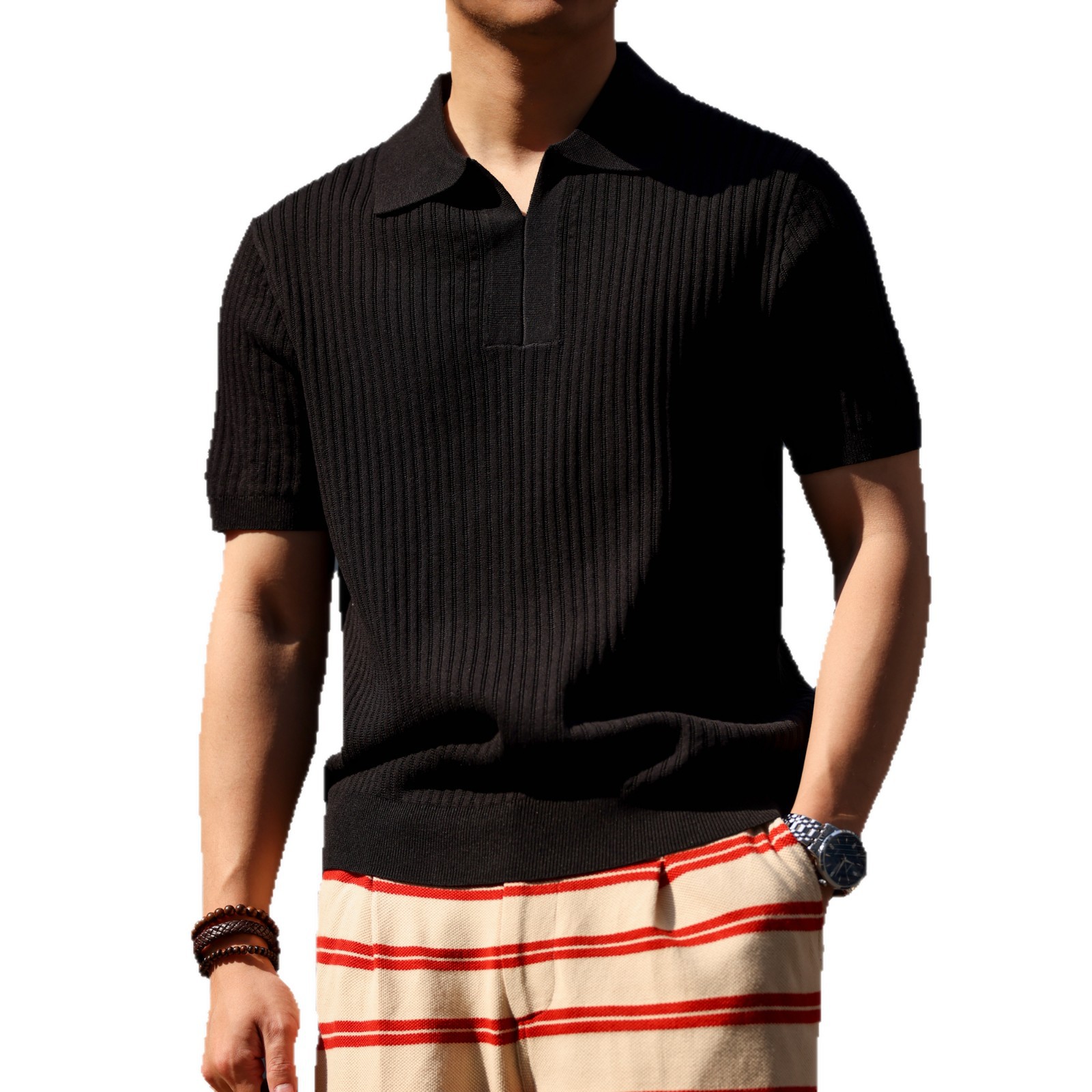 Polo camiseta de punto camiseta de manga corta camiseta hombre cuello en V cuello gaviota sensación de textura viejo dinero viento hielo seda fábrica transfronteriza al por mayor