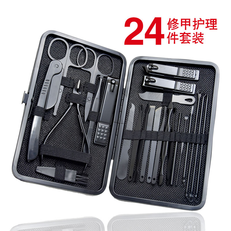 Juego de cortaúñas de acero inoxidable negro, cortaúñas para el hogar, juego de 24 piezas, clip para cejas, aguja para el acné, juego completo de herramientas para uñas