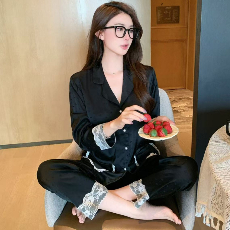 New Pajamas for Women, Black Love Jacquard Pajamas, Lace High-End Suit, Ice Silk Fabric Can Be Worn Outside
