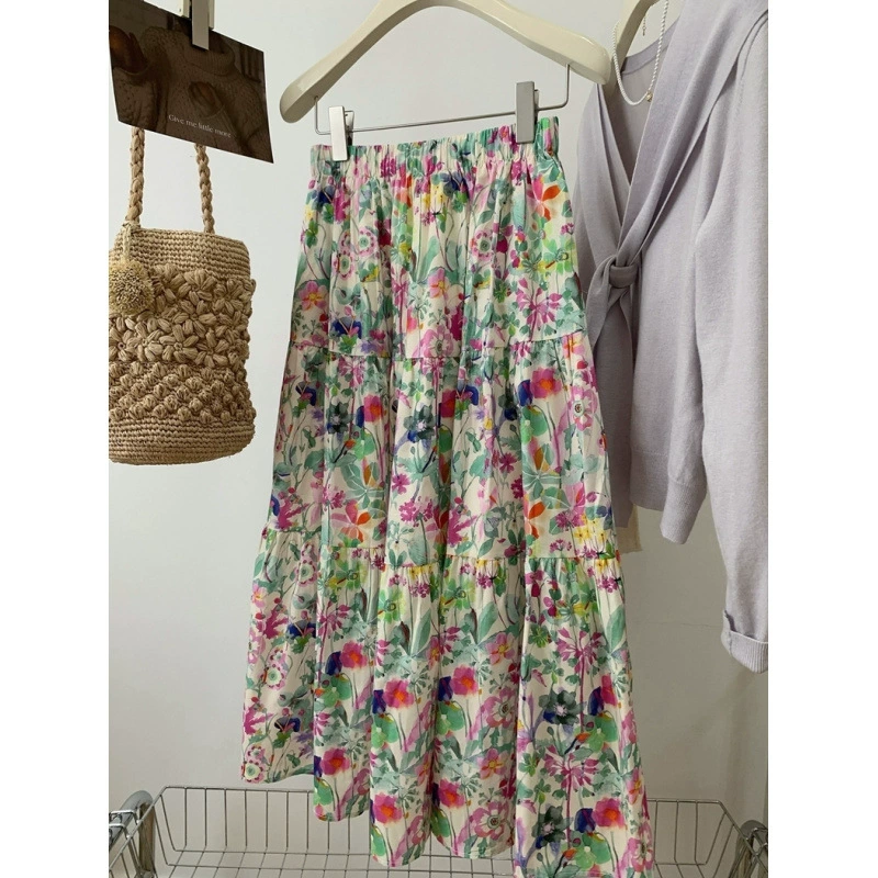 2025 летний новый цветочный бюст юбка женский летний французский дизайн чувство ниши с высокой талией тонкая юбка-зонтик юбка средней и длинной