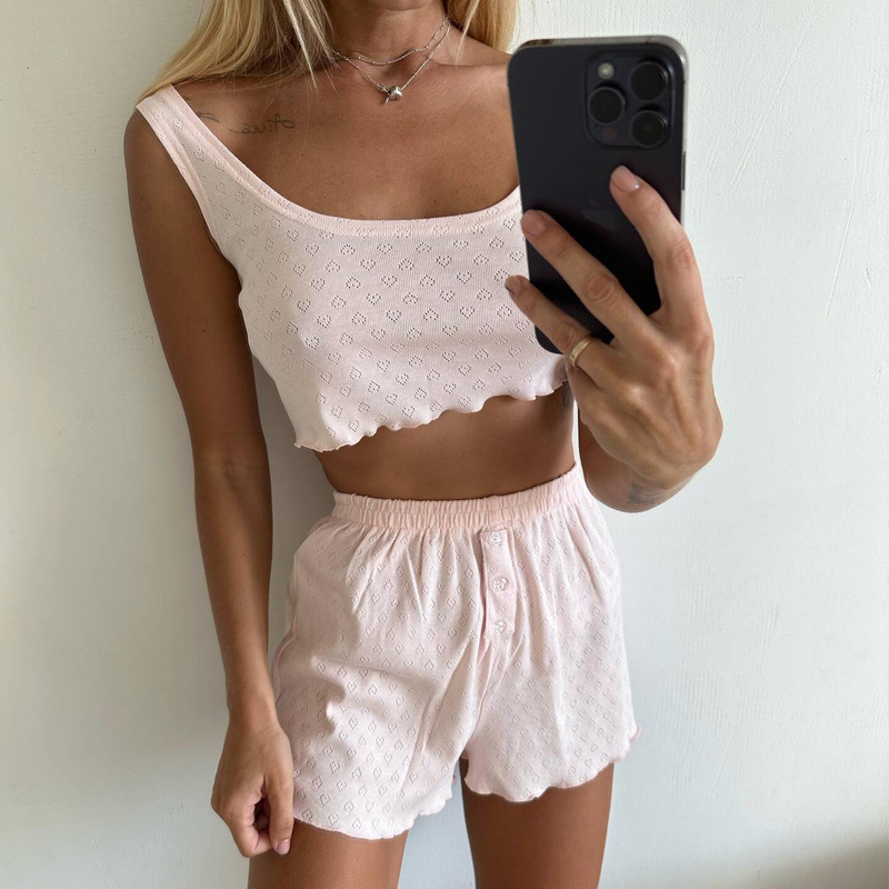 Summer Casual Women Suit Solid Color Hollow Out Cutout Design Sling Pajamas Home Wear 7 Summer Casual Women Suit Solid Color Hollow Out Cutout Design Sling Pajamas Home Wear