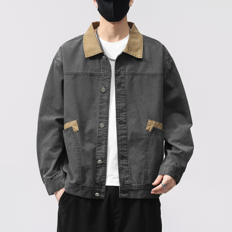 Nz346 Autumn New Color-Blocked Collar Denim Jacket for Teenagers and Students, Men's Trendy Brand Jacket Top for Boys