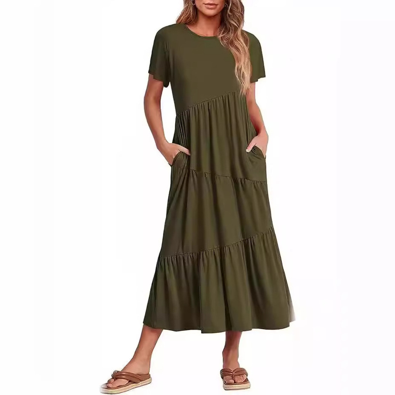 Women Summer Casual Short Sleeve Dress Crew Neck Solid Color Maxi Dress Wedding Guest Dresses with Pockets