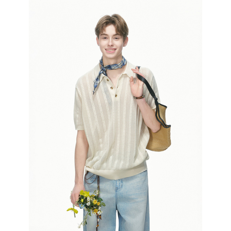Old Qianfeng Knitted Short-sleeved T-shirt Men's And Women's Summer Half-sleeved Polo Shirt Cleanfit Top_viptrois.com