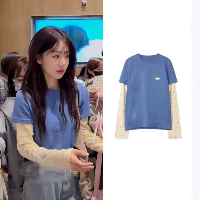 In stock: Xu Mengjie's same style Korean designer long-sleeve T-shirt with patchwork sleeves and a round neckline, featuring a printed design and a layered look In stock: Xu Mengjie's same style Korean designer long-sleeve T-shirt with patchwork sleeves and a round neckline, featuring a printed design and a layered look