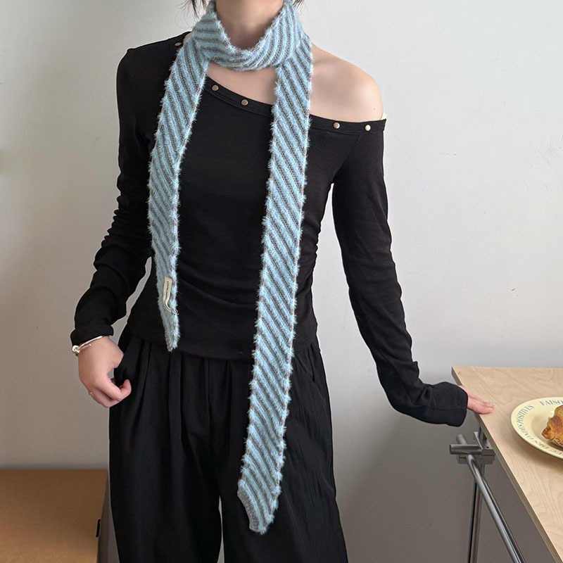 日系新款时尚条纹长窄款围巾女秋冬季高级感保暖针织装饰围脖潮款|undefined