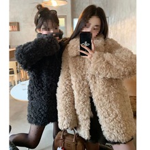 羊羔毛外套女中长款冬季翻领宽松加厚慵懒风仿毛毛羊绒皮草大衣