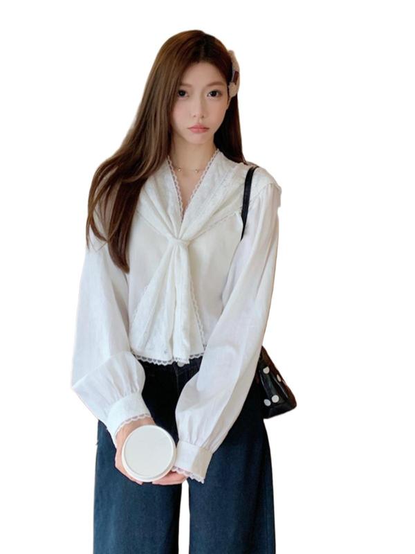 法式气质白色衬衫女装秋季新款设计感复古蕾丝花边海军领长袖衬衣|undefined