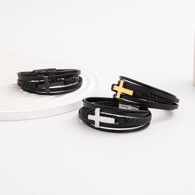 Cross-Border Hot Selling Fashion Cross Bracelet Wholesale Stainless Steel Black Gold Steel Color Multi-Layer Braided Bracelet Bracelet Cross-Border Hot Selling Fashion Cross Bracelet Wholesale Stainless Steel Black Gold Steel Color Multi-Layer Braided Bracelet Bracelet