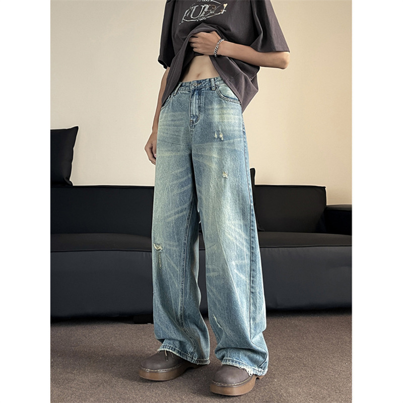 Men's Ripped Wide-Leg Jeans, Summer Loose Fit, Versatile, Washed and Distressed Pants for Teenagers, Casual and Versatile