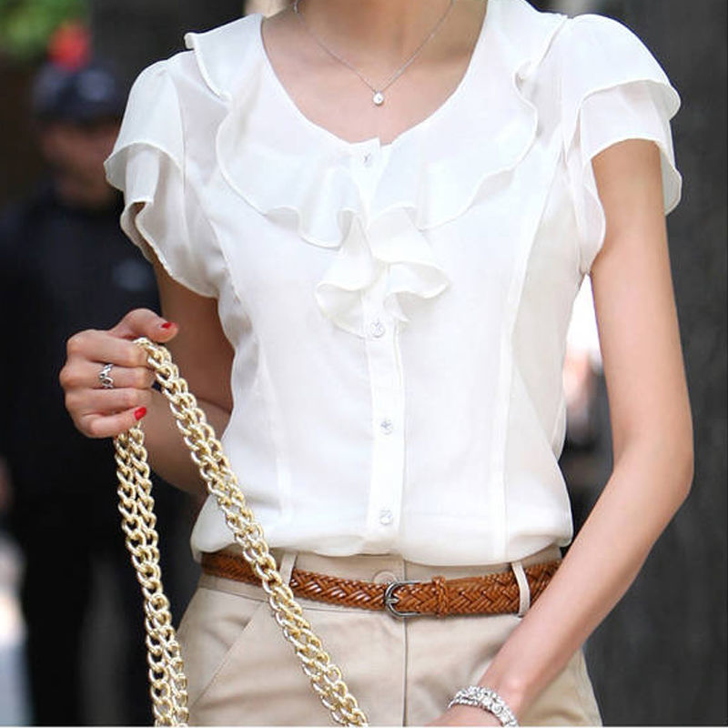 2022夏季新款荷叶边蕾丝衫韩版修身雪纺衫娃娃衫大码白色短袖衬衫