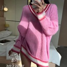 毛衣女撞色软糯V领马海毛春秋款慵懒风宽松中长款针织衫宽松上衣