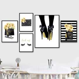 巴黎花瓶香水女孩高跟鞋北欧海报图片帆布画家居客厅背景装饰画芯