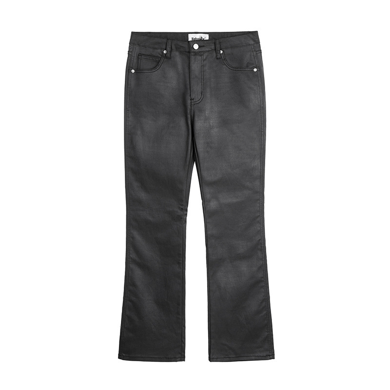 New Fashion Personality High Street Black Micro-La Coated Wax Pants Casual Fashion High Loose Denim Trousers