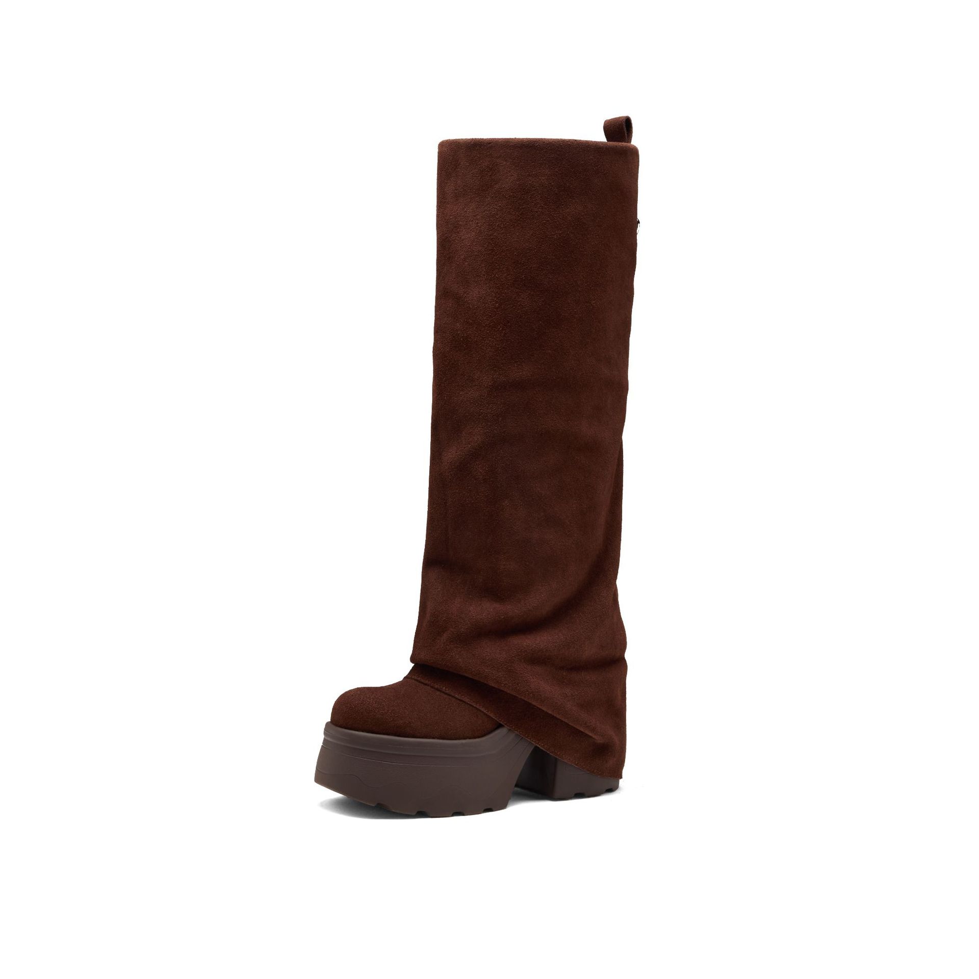 Boot nữ cổ cao ôm bắp chân đế dày gót 12 cm, kiểu hiệp sĩ, hai mặc mùa thu đông — nhung nâu