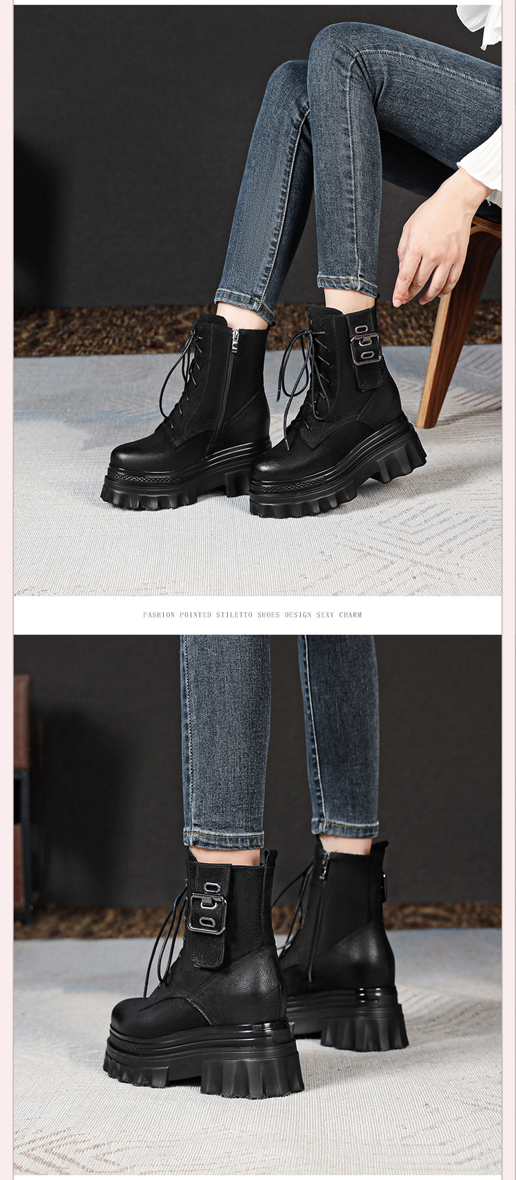 Boot nữ cổ thấp phong cách Anh quốc cổ điển, khóa kéo bên hông, đế dày 10 cm tăng chiều cao — Lót nhung đen chi tiết 8