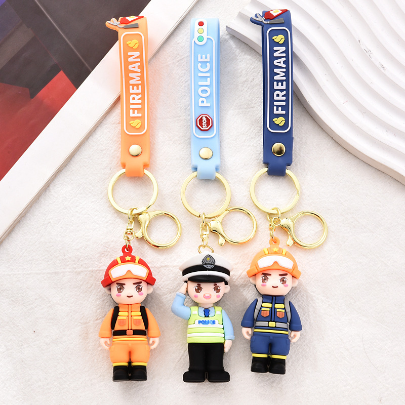 in stock original firemen salute traffic police keychain pendant cartoon pendant safety publicity key chain wholesale